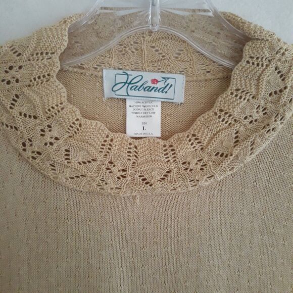 Haband Sweater Women Large Beige Pullover Knit Lace Detail Neck Sleeve Vtg - Picture 3 of 10